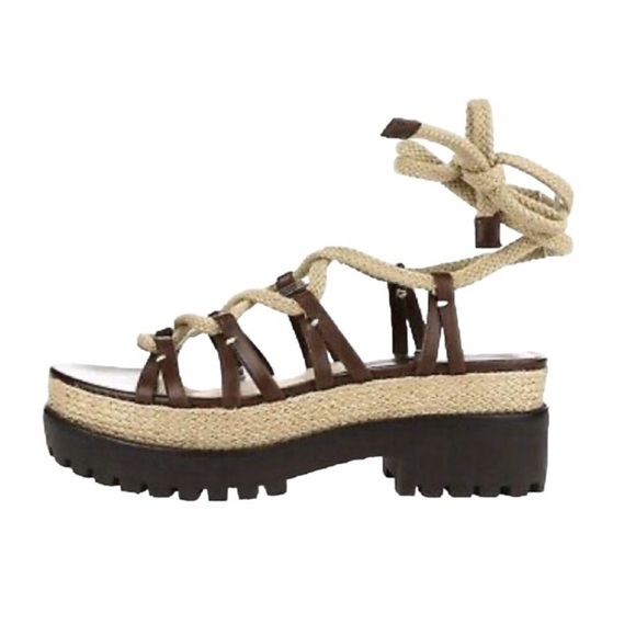 Michael Kors Collection Shoes - Michael Kors Brown Beige Platform Flatform Lace Up Sandals - Size 7.5, EU 37.5